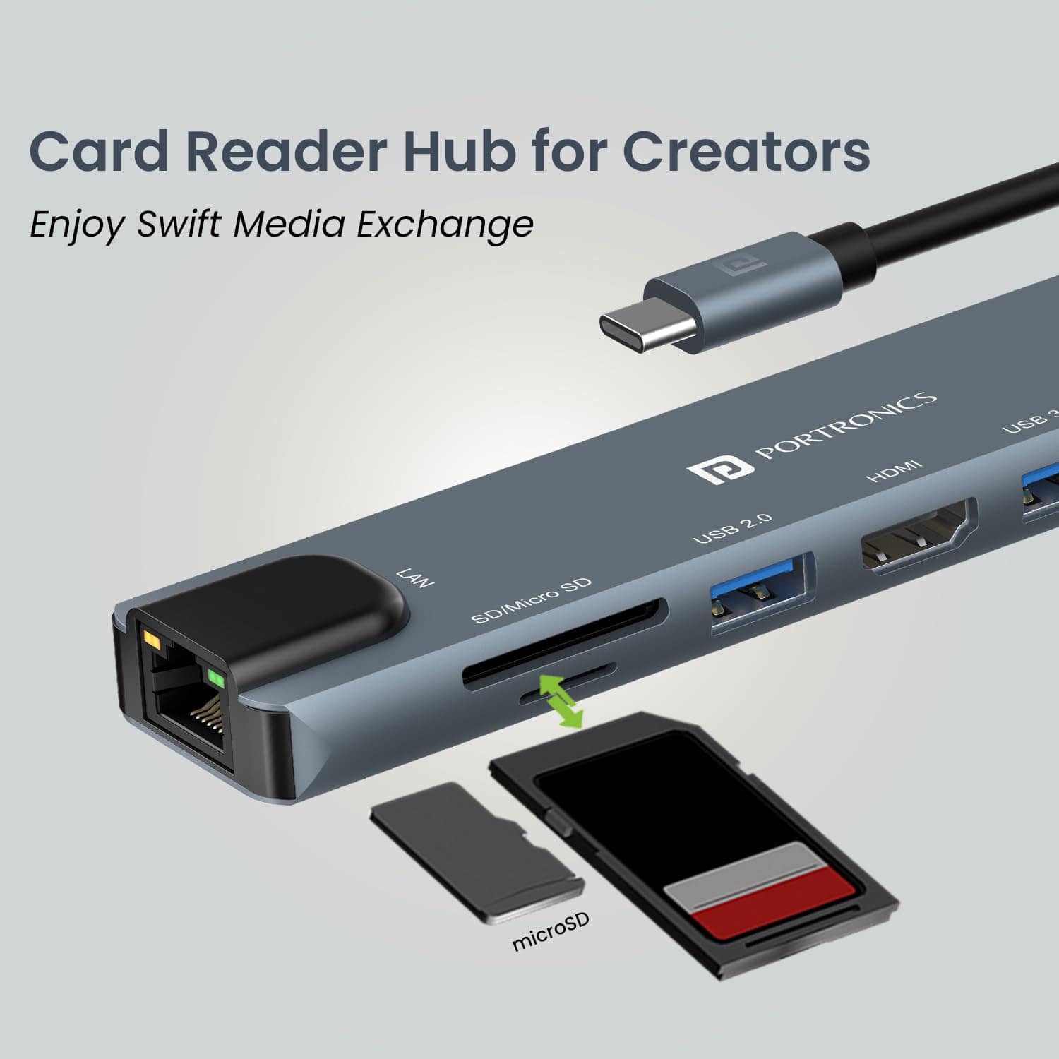 Portronics Mport 8 USB-C USB Hub/Docking Station(8-in-1) with 4K 30Hz HDMI, 100 Mbps Ethernet, USB 3.0, microSD/SD Card Reader, Type-C Data, PD Charging, USB 2.0, Type-C Plug for Laptop, Mac, PC - Image 5