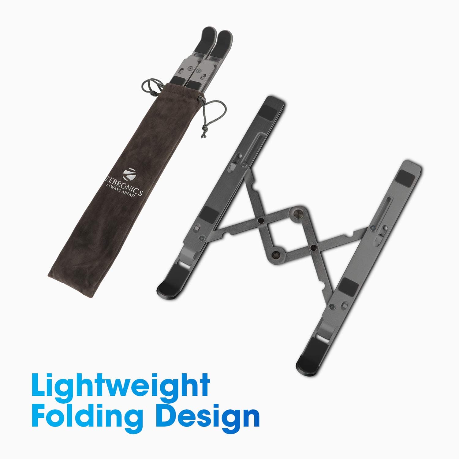 ZEBRONICS Aluminium Alloy Laptop Stand, Compatible with 9-15.6 inch Laptops, 7 Angles Adjustable, Anti Slip Silicon Rubber Pads, Foldable, Velvet Pouch Inside, Zeb-NS2000 (Dark Grey) - Image 3