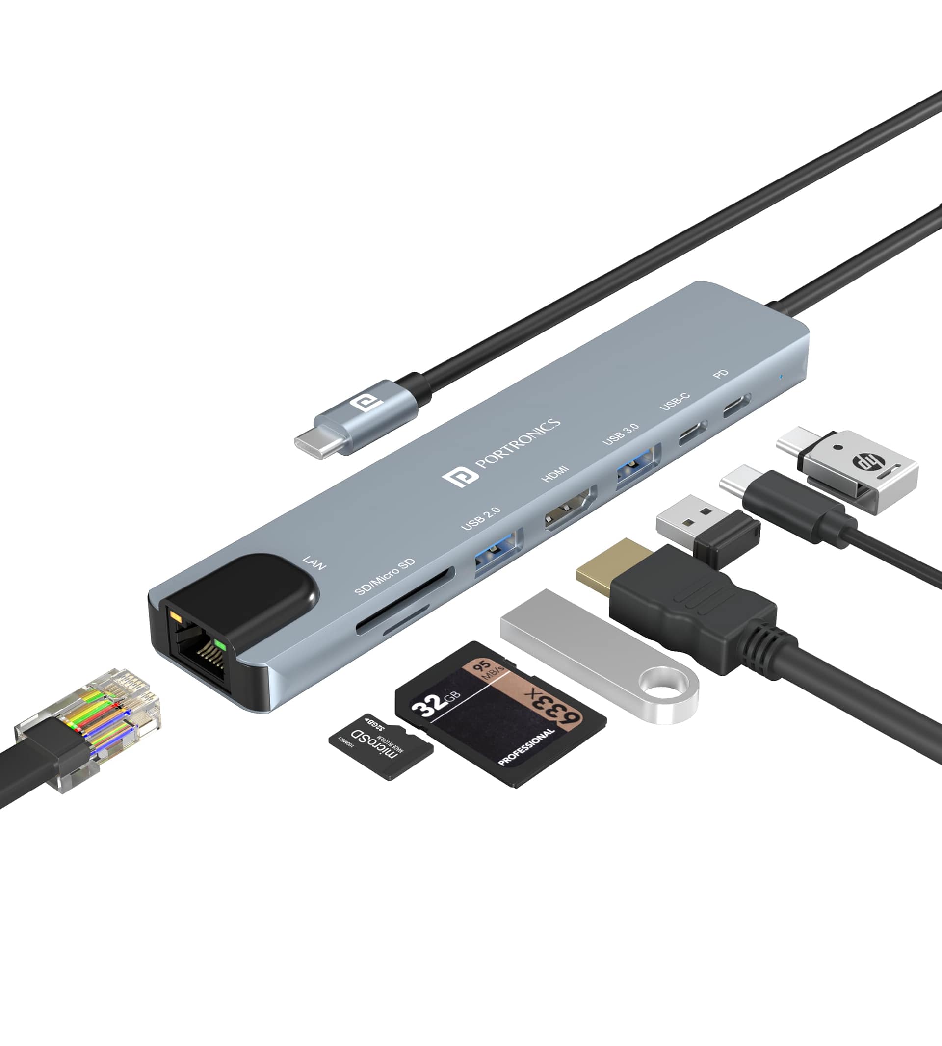 Portronics Mport 8 USB-C USB Hub/Docking Station(8-in-1) with 4K 30Hz HDMI, 100 Mbps Ethernet, USB 3.0, microSD/SD Card Reader, Type-C Data, PD Charging, USB 2.0, Type-C Plug for Laptop, Mac, PC