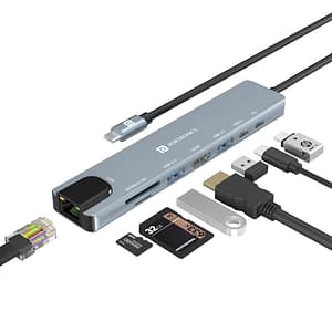 Portronics Mport 8 USB-C USB Hub/Docking Station(8-in-1) with 4K 30Hz HDMI, 100 Mbps Ethernet, USB 3.0, microSD/SD Card Reader, Type-C Data, PD Charging, USB 2.0, Type-C Plug for Laptop, Mac, PC